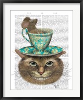 Framed Cheshire Cat with Cup on Head