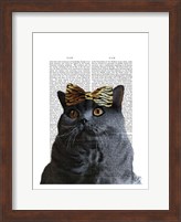 Framed Grey Cat with Leopard Bow