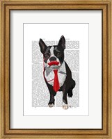 Framed Boston Terrier With Red Tie and Moustache
