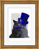 Framed Grey Cat With Blue Top Hat and Blue Moustache