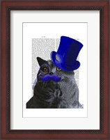 Framed Grey Cat With Blue Top Hat and Blue Moustache