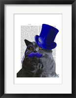 Framed Grey Cat With Blue Top Hat and Blue Moustache