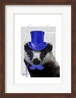 Framed Badger with Blue Top Hat and Moustache