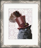 Framed Grey Cat With Steampunk Top Hat
