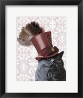 Framed Grey Cat With Steampunk Top Hat