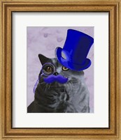Framed Grey Cat With Blue Top Hat and Moustache