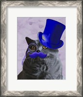 Framed Grey Cat With Blue Top Hat and Moustache