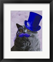 Grey Cat With Blue Top Hat and Moustache Framed Print