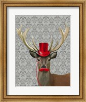 Framed Deer With Red Hat and Moustache