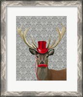 Framed Deer With Red Hat and Moustache