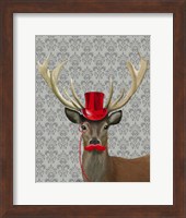 Framed Deer With Red Hat and Moustache