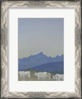 Framed Three Pairs of White Bulls in Front of the Mountains