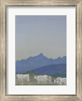 Framed Three Pairs of White Bulls in Front of the Mountains