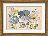 Framed Watercolor Poppies Blue Landscape