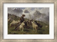 Framed Shepherd Boy in the Pyrenees Offering Salt to his Sheep, 1864