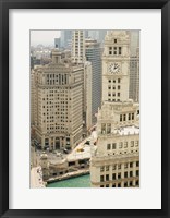 Framed Clock tower along a river, Wrigley Building, Chicago River, Chicago, Illinois, USA