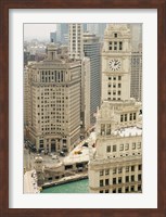 Framed Clock tower along a river, Wrigley Building, Chicago River, Chicago, Illinois, USA