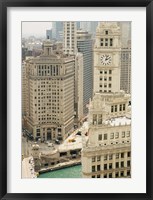 Framed Clock tower along a river, Wrigley Building, Chicago River, Chicago, Illinois, USA