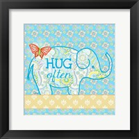 Framed 'Blue Elephant I - Hug Often' border=