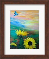 Framed BlueBird Flying Over Sunflowers