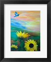 Framed BlueBird Flying Over Sunflowers