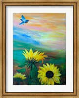 Framed BlueBird Flying Over Sunflowers