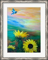 Framed BlueBird Flying Over Sunflowers