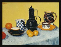 Framed Still Life with Blue Enamel Coffeepot, Earthenware and Fruit