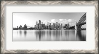 Framed Sydney Harbour Bridge and skylines at dusk, Sydney, New South Wales, Australia