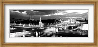 Framed City lit up at night, Red Square, Kremlin, Moscow, Russia BW