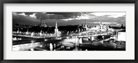 Framed City lit up at night, Red Square, Kremlin, Moscow, Russia BW