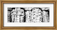 Framed Sculptures carved on a wall of a temple, Jain Temple, Ranakpur, Rajasthan, India BW