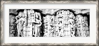 Framed Sculptures carved on a wall of a temple, Jain Temple, Ranakpur, Rajasthan, India BW