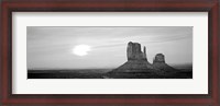 Framed East Mitten and West Mitten buttes at sunset, Monument Valley, Utah BW