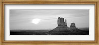 Framed East Mitten and West Mitten buttes at sunset, Monument Valley, Utah BW