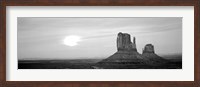 Framed East Mitten and West Mitten buttes at sunset, Monument Valley, Utah BW