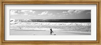 Framed Surfer standing on the beach, North Shore, Oahu, Hawaii BW