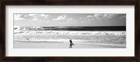 Framed Surfer standing on the beach, North Shore, Oahu, Hawaii BW