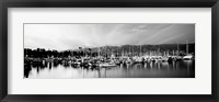 Framed Boats moored in harbor at sunset, Santa Barbara Harbor, California