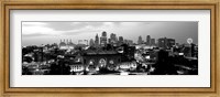 Framed Union Station at sunset with city skyline in background, Kansas City, Missouri BW