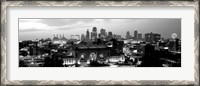 Framed Union Station at sunset with city skyline in background, Kansas City, Missouri BW