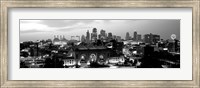 Framed Union Station at sunset with city skyline in background, Kansas City, Missouri BW