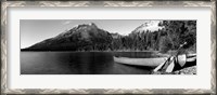 Framed Canoe in lake in front of mountains, Leigh Lake, Rockchuck Peak, Teton Range, Wyoming