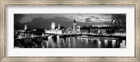 Framed Buildings lit up at dusk, Big Ben, Houses Of Parliament, London, England BW