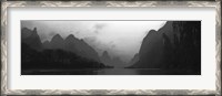 Framed River passing through a hill range, Guilin Hills, Li River, Yangshuo, China BW