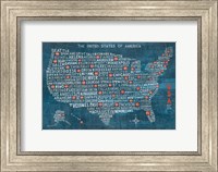 Framed US City Map on Wood Blue