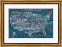 Framed US City Map on Wood Blue