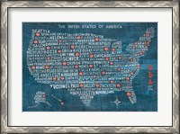 Framed US City Map on Wood Blue