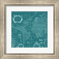 Framed Blueprint World Map, teal