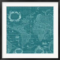 Framed Blueprint World Map, teal